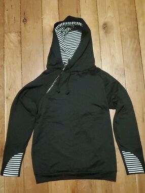Boutique Only Black Hoodie with Black & White Stripe Lining Striped Cuffs